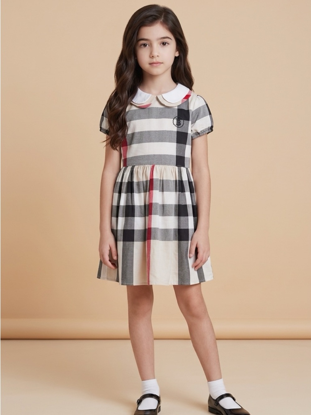 Burberry Classic Plaid Peter Pan Collar Kids Dress - Black & Cream